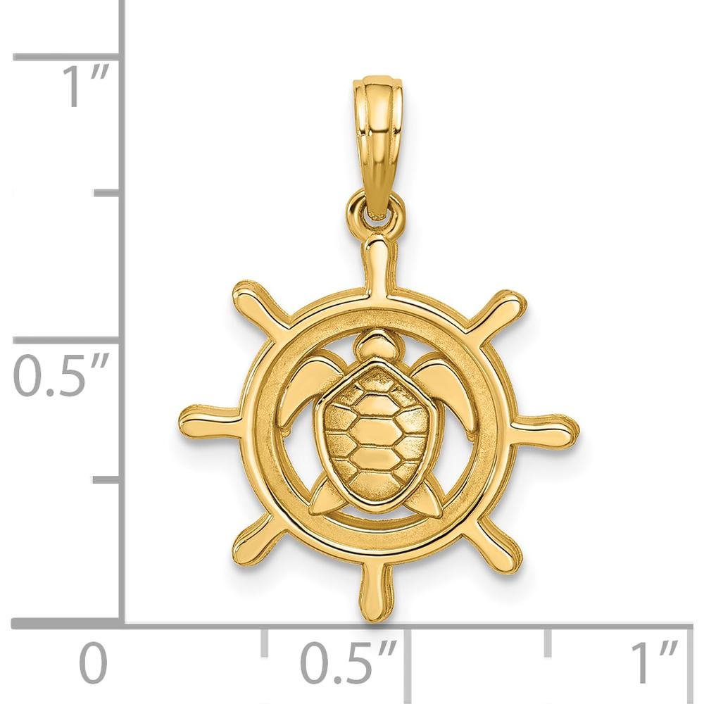 14K Yellow Gold Polished Turtle in Ships Wheel Pendant - 24.8mm Length by Oro Pregiato