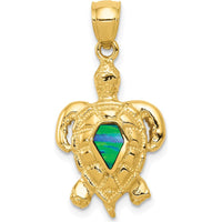 14K Yellow Gold Polished Turtle Pendant with Lab-Created Blue Opal - 28mm Length by Oro Pregiato