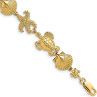 14K Yellow Gold Polished Turtle, Shell, and Starfish Motif 7.5" Bracelet with Lobster Clasp by Oro Pregiato