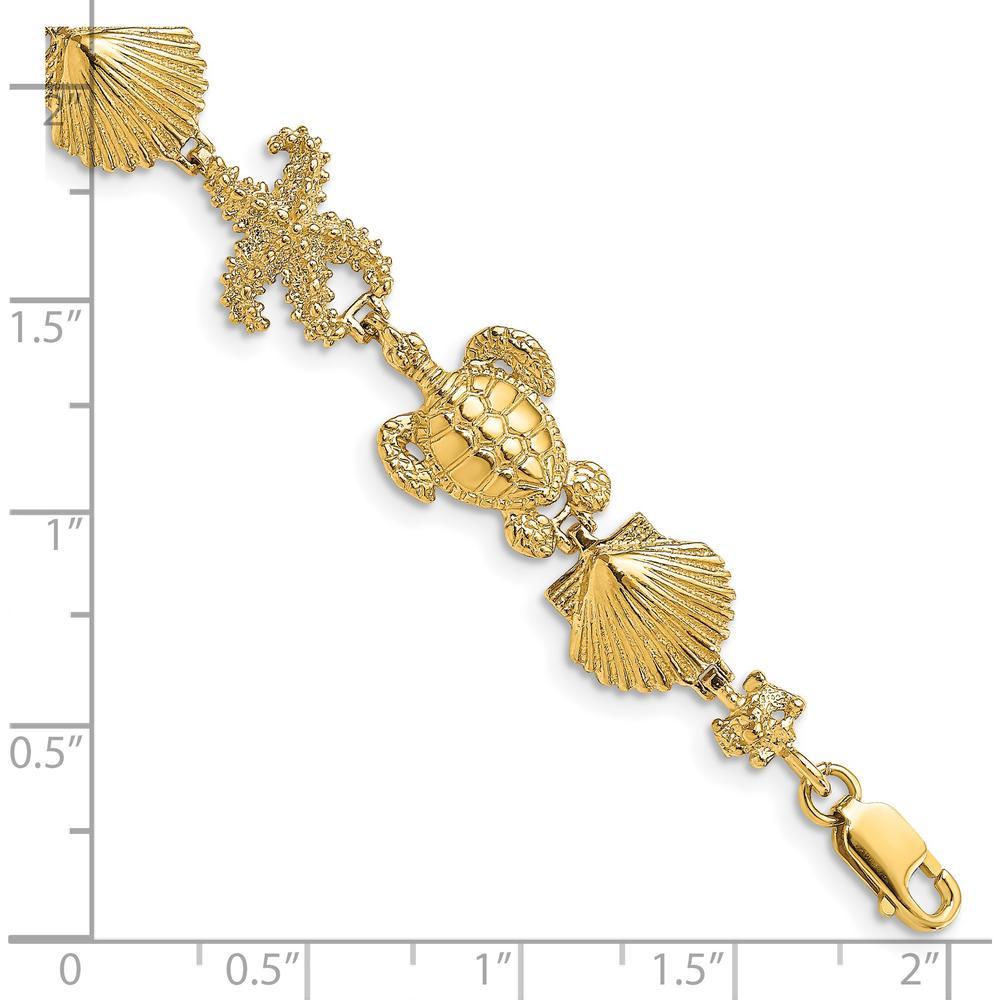 14K Yellow Gold Polished Turtle, Shell, and Starfish Motif 7.5" Bracelet with Lobster Clasp by Oro Pregiato
