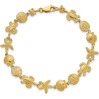 14K Yellow Gold Polished Turtle, Starfish, Sand Dollar, and Shell Link Bracelet - 8" by Oro Pregiato