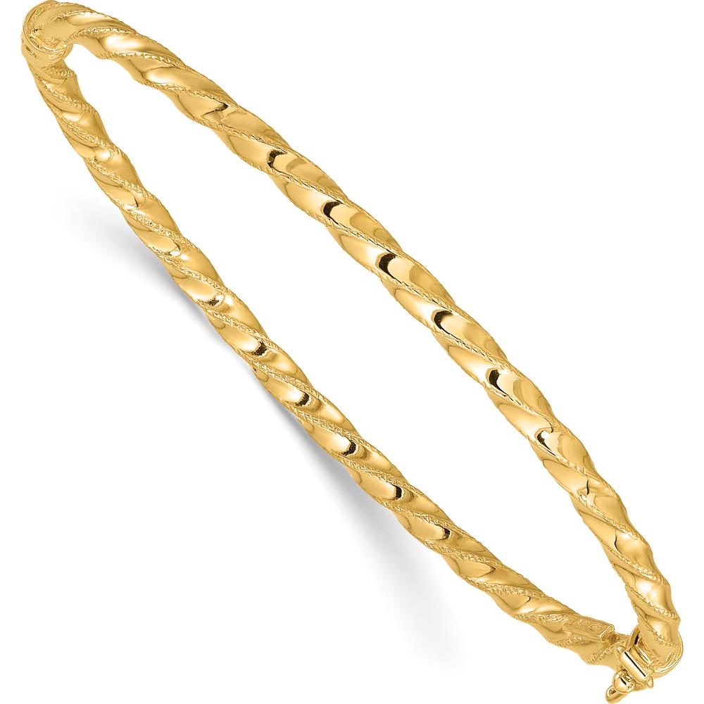 14K Yellow Gold Polished Twisted 3.20mm Hinged Oval Bangle Bracelet by Oro Pregiato