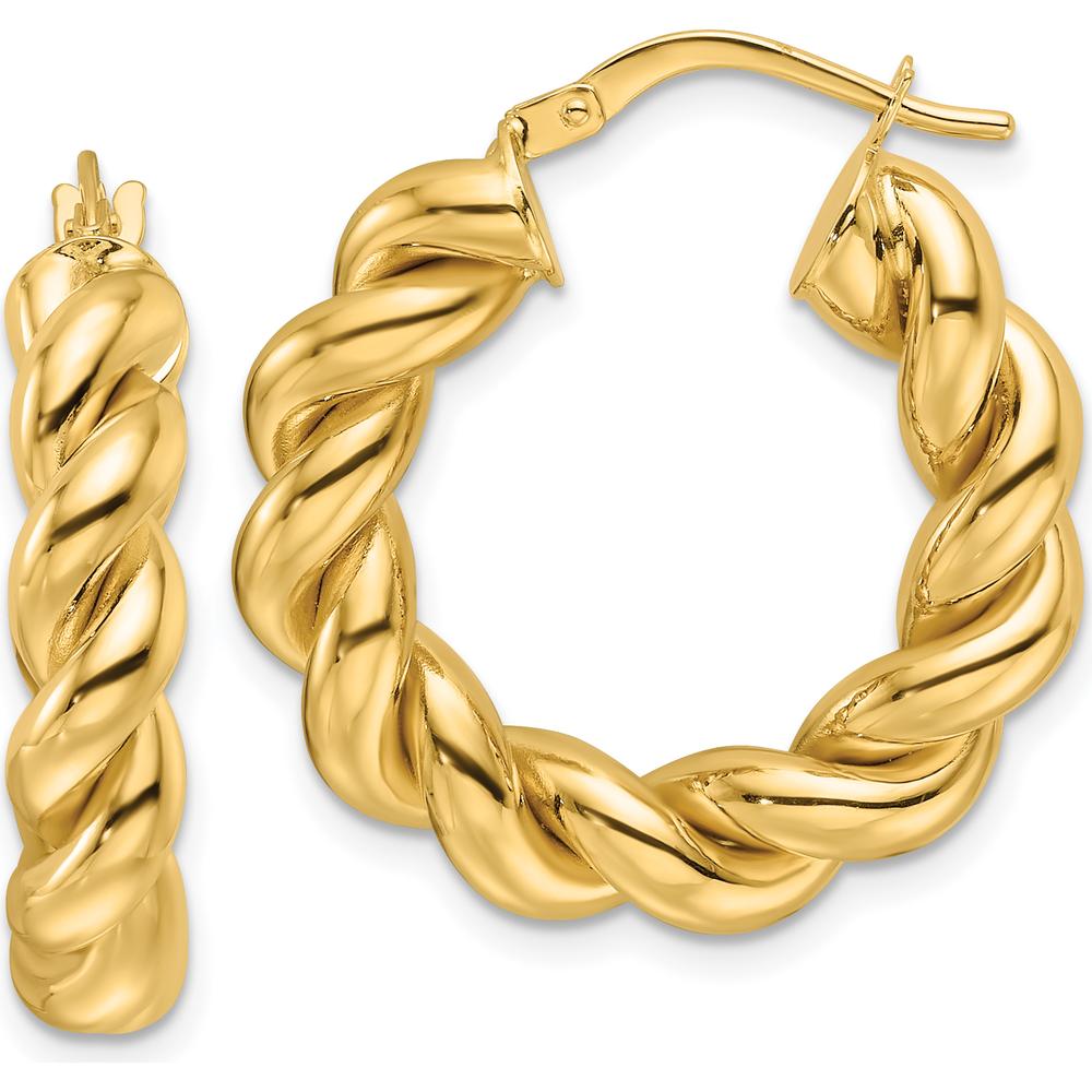 14K Yellow Gold Polished Twisted 5.3mm Hollow Round Hoop Earrings - 24.9mm Length by 0