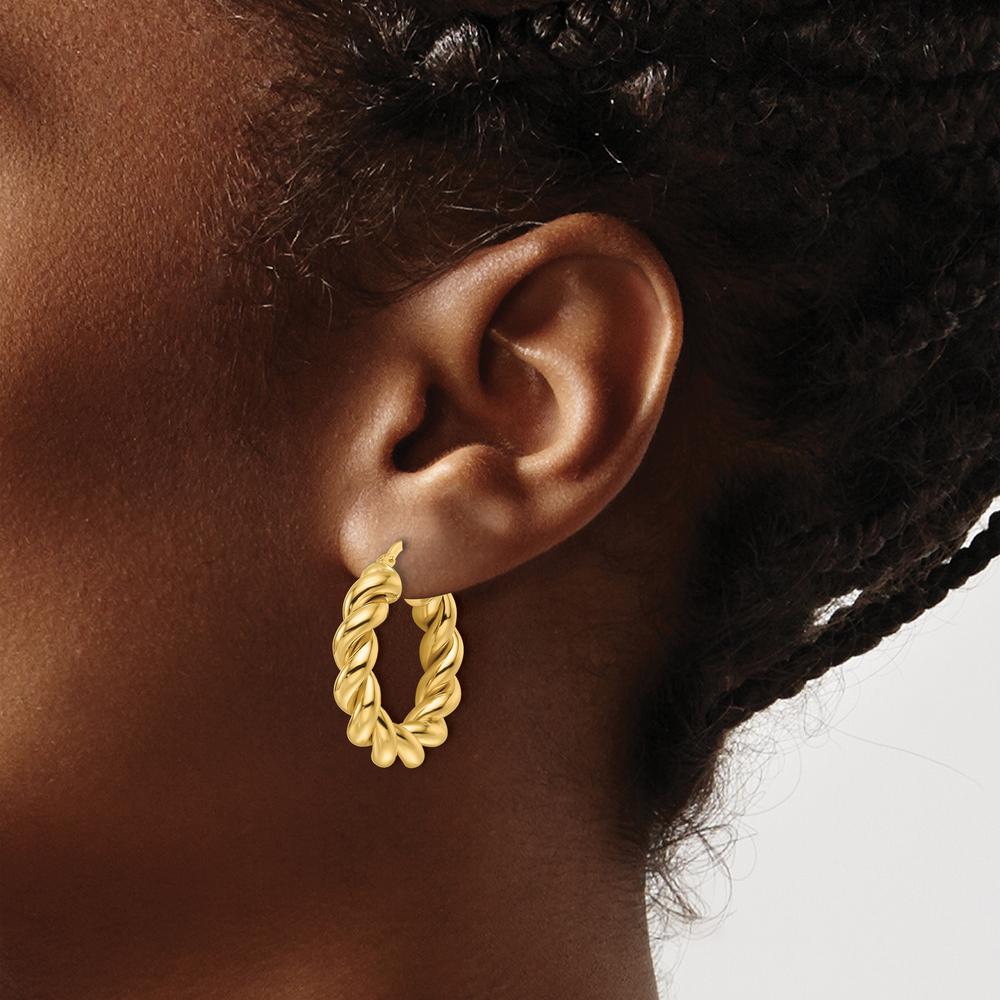 14K Yellow Gold Polished Twisted 5.3mm Hollow Round Hoop Earrings - 24.9mm Length by 0