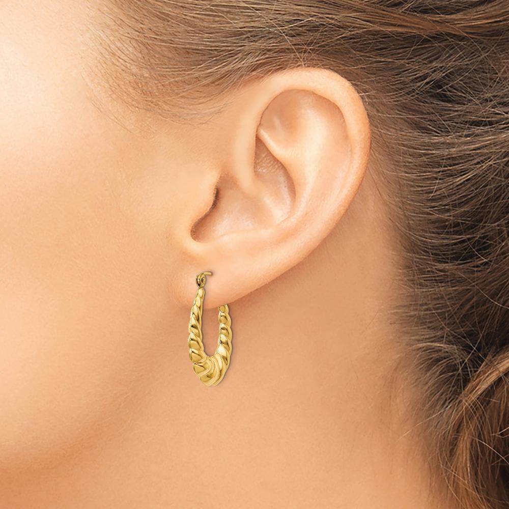 14K Yellow Gold Polished Twisted Hollow Hoop Earrings - 25mm Length, 18mm Width by 0