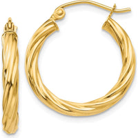 14K Yellow Gold Polished Twisted Hoop Earrings - 21.5mm Length, 3.25mm Width by 0