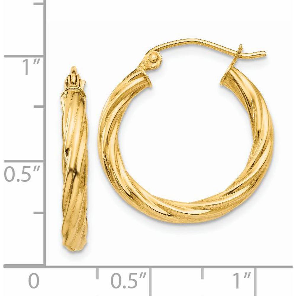14K Yellow Gold Polished Twisted Hoop Earrings - 21.5mm Length, 3.25mm Width by 0