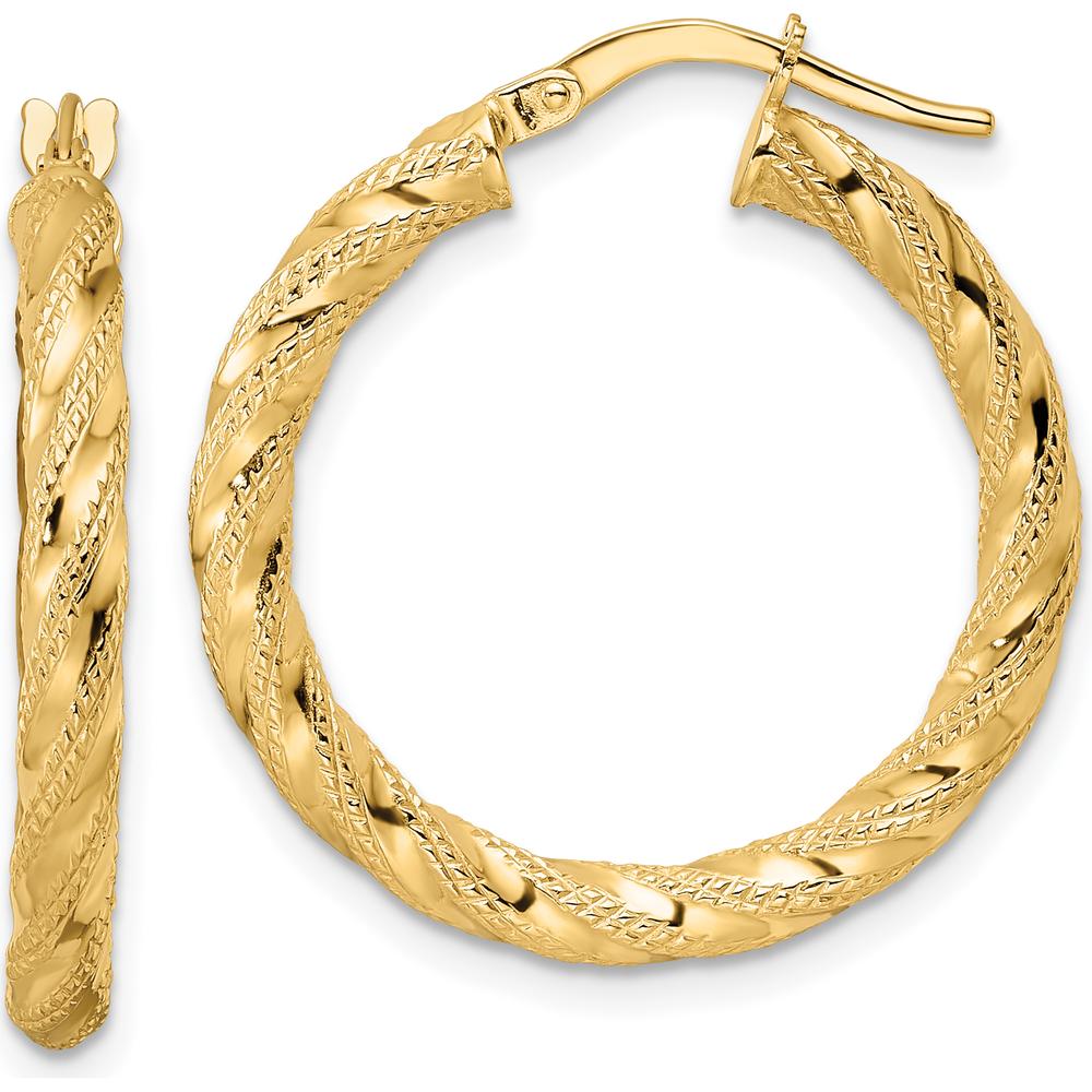 14K Yellow Gold Polished Twisted Hoop Earrings - 26.5mm Length, 3mm Thickness by 0