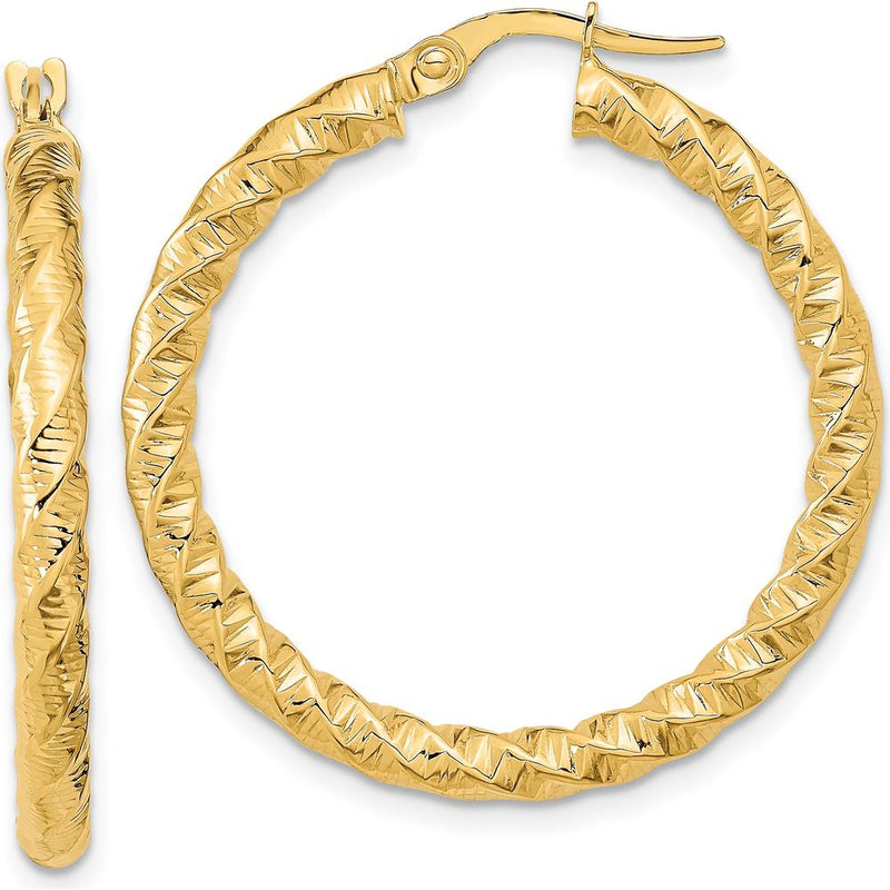 14K Yellow Gold Polished Twisted Hoop Earrings - 31.5mm Length by 0