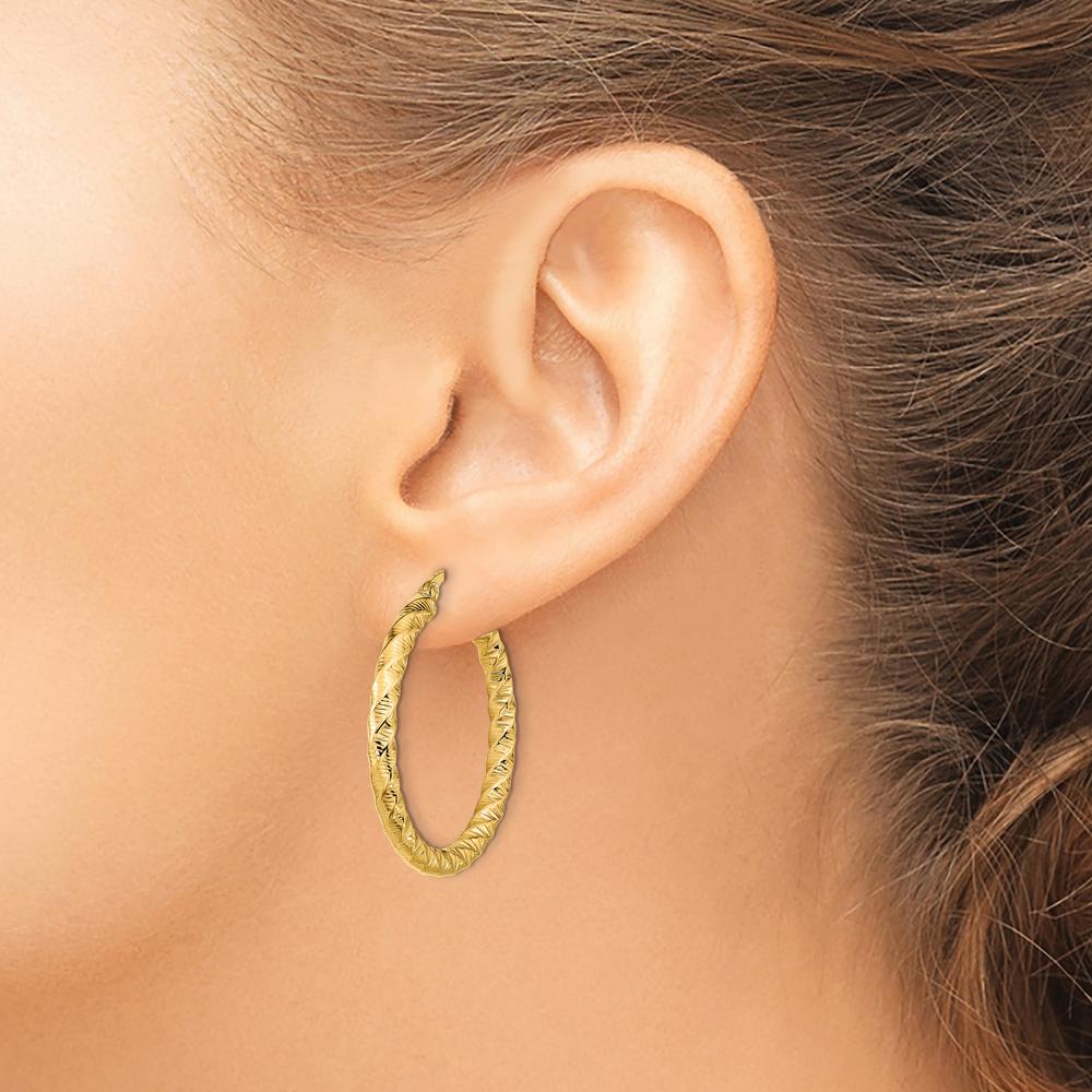 14K Yellow Gold Polished Twisted Hoop Earrings - 31.5mm Length by 0