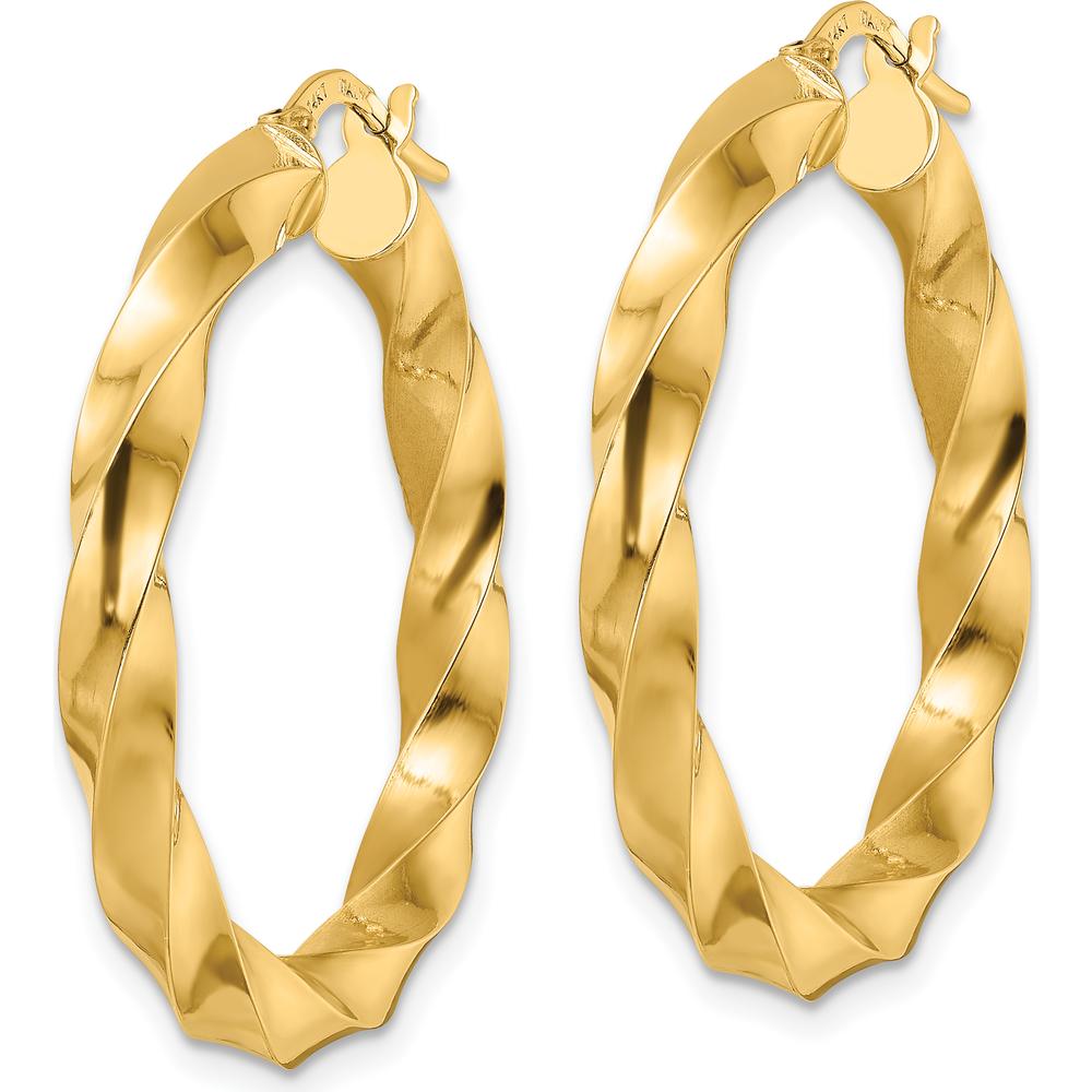 14K Yellow Gold Polished Twisted Hoop Earrings - 34.6mm Length, 32.4mm Width by 0