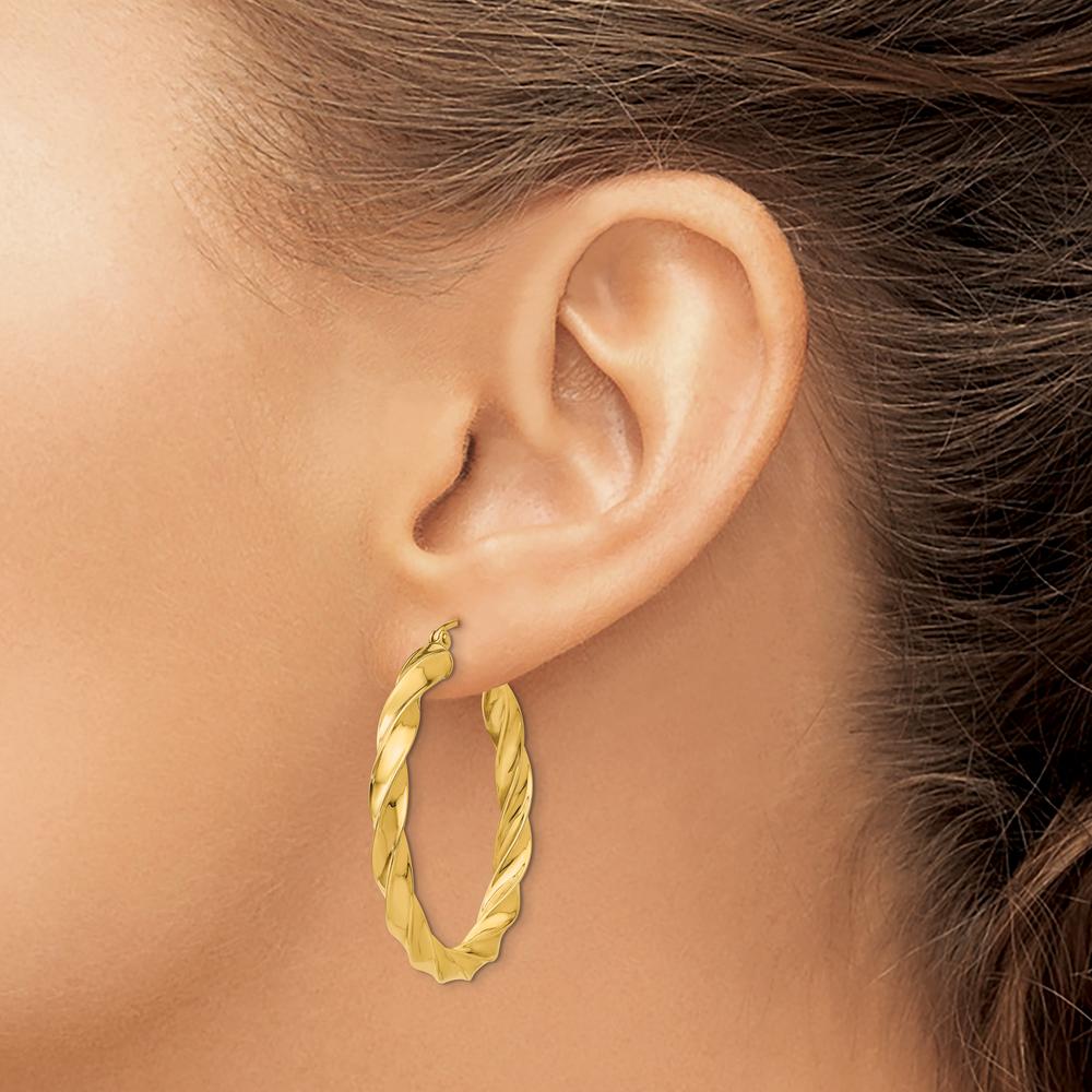 14K Yellow Gold Polished Twisted Hoop Earrings - 38mm in Length, 35.5mm in Width by 0