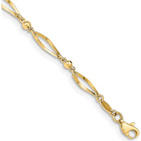 14K Yellow Gold Polished Twisted Oval and Mirror Beads 9" Anklet