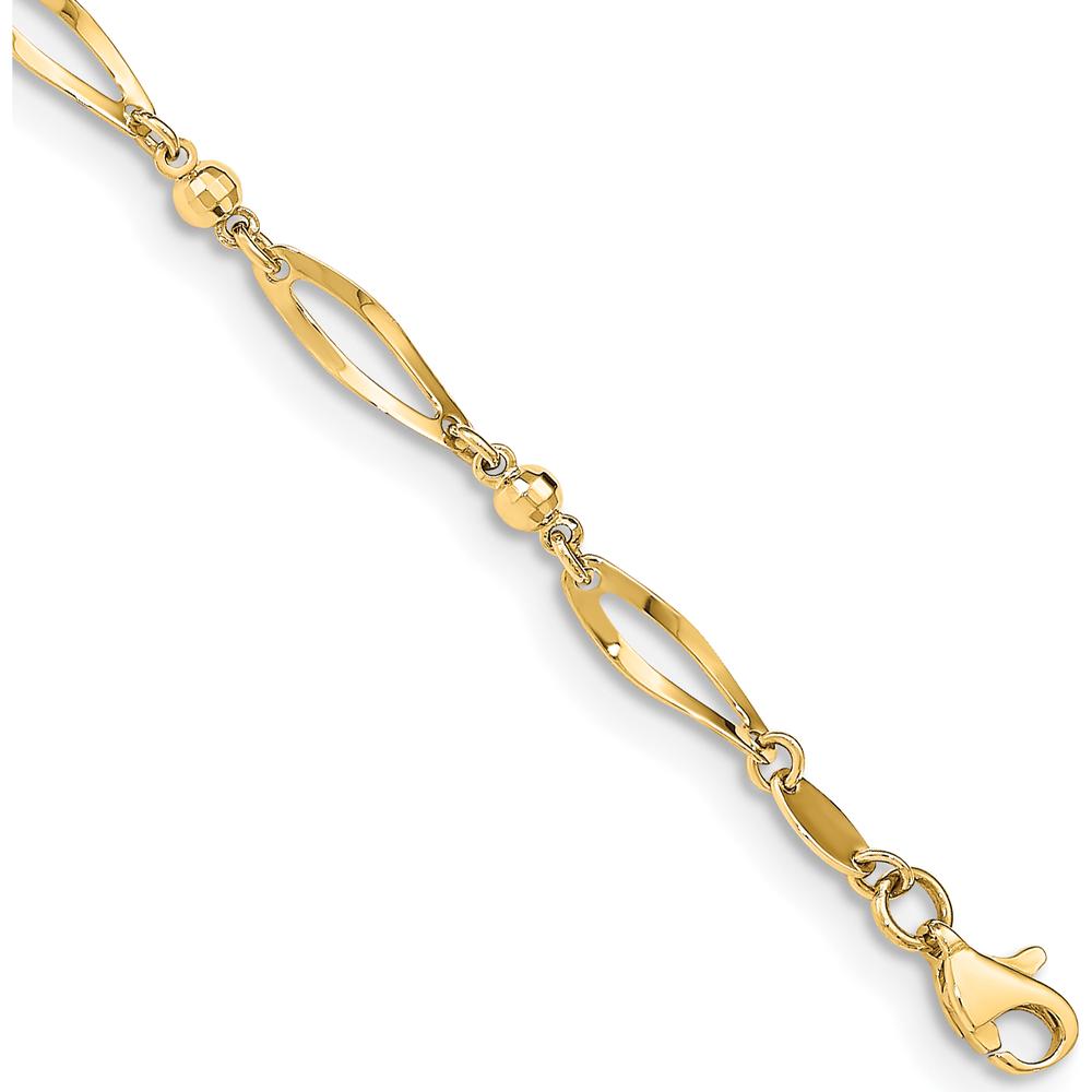 14K Yellow Gold Polished Twisted Oval and Mirror Beads 9" Anklet