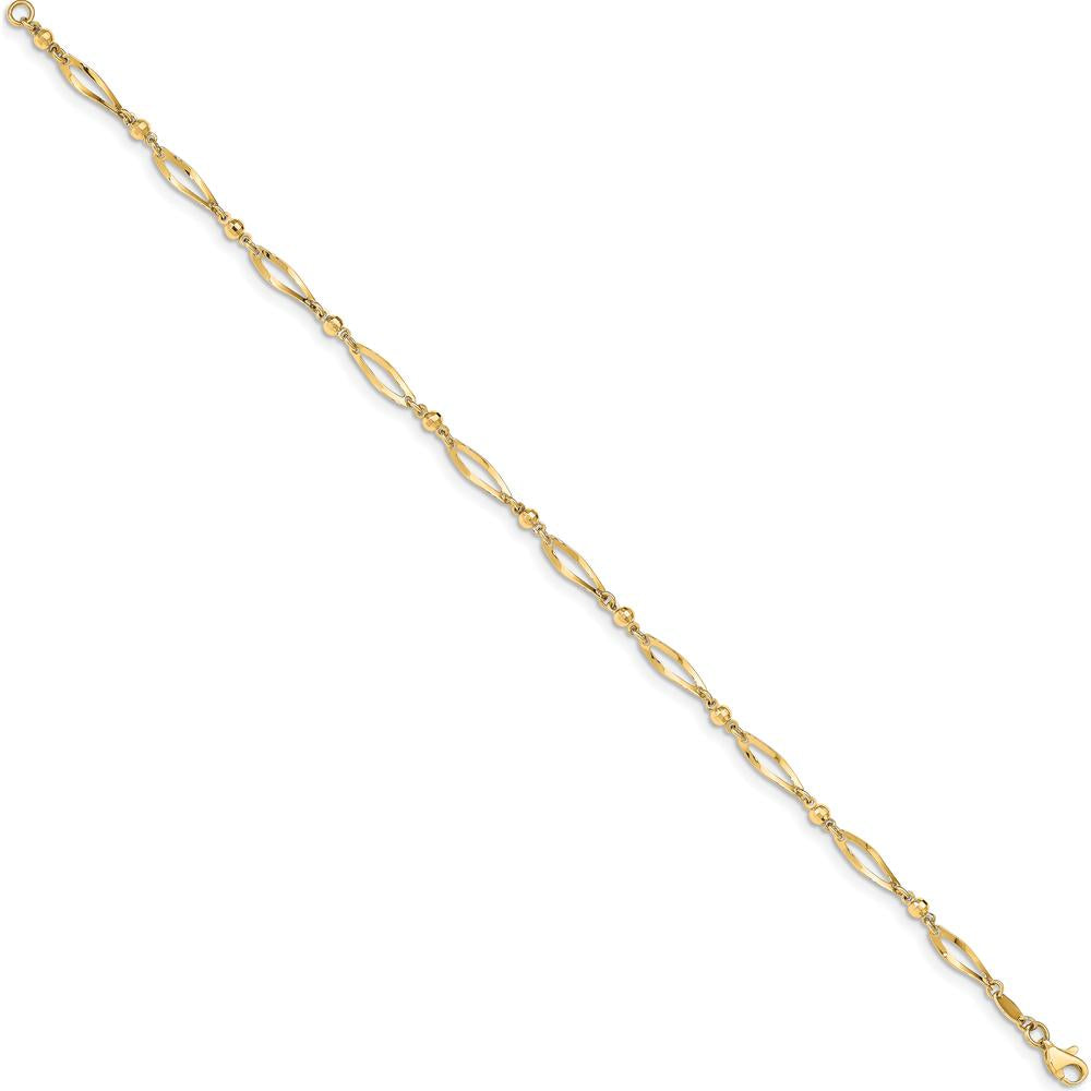 14K Yellow Gold Polished Twisted Oval and Mirror Beads 9" Anklet