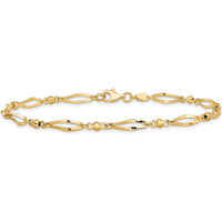 14K Yellow Gold Polished Twisted Oval and Mirror Beads 9" Anklet