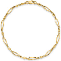 14K Yellow Gold Polished Twisted Oval and Mirror Beads 9" Anklet