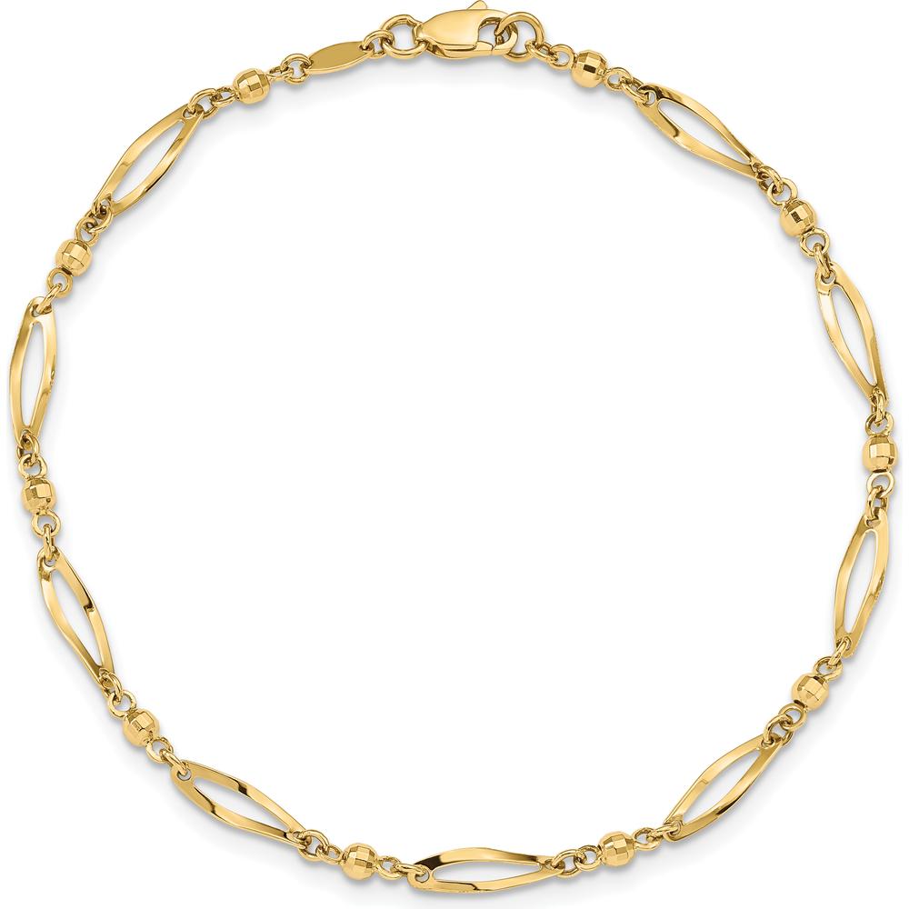 14K Yellow Gold Polished Twisted Oval and Mirror Beads 9" Anklet
