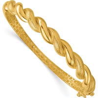 14K Yellow Gold Polished Twisted Textured 7.75mm Hinged Oval Bangle Bracelet by Oro Pregiato
