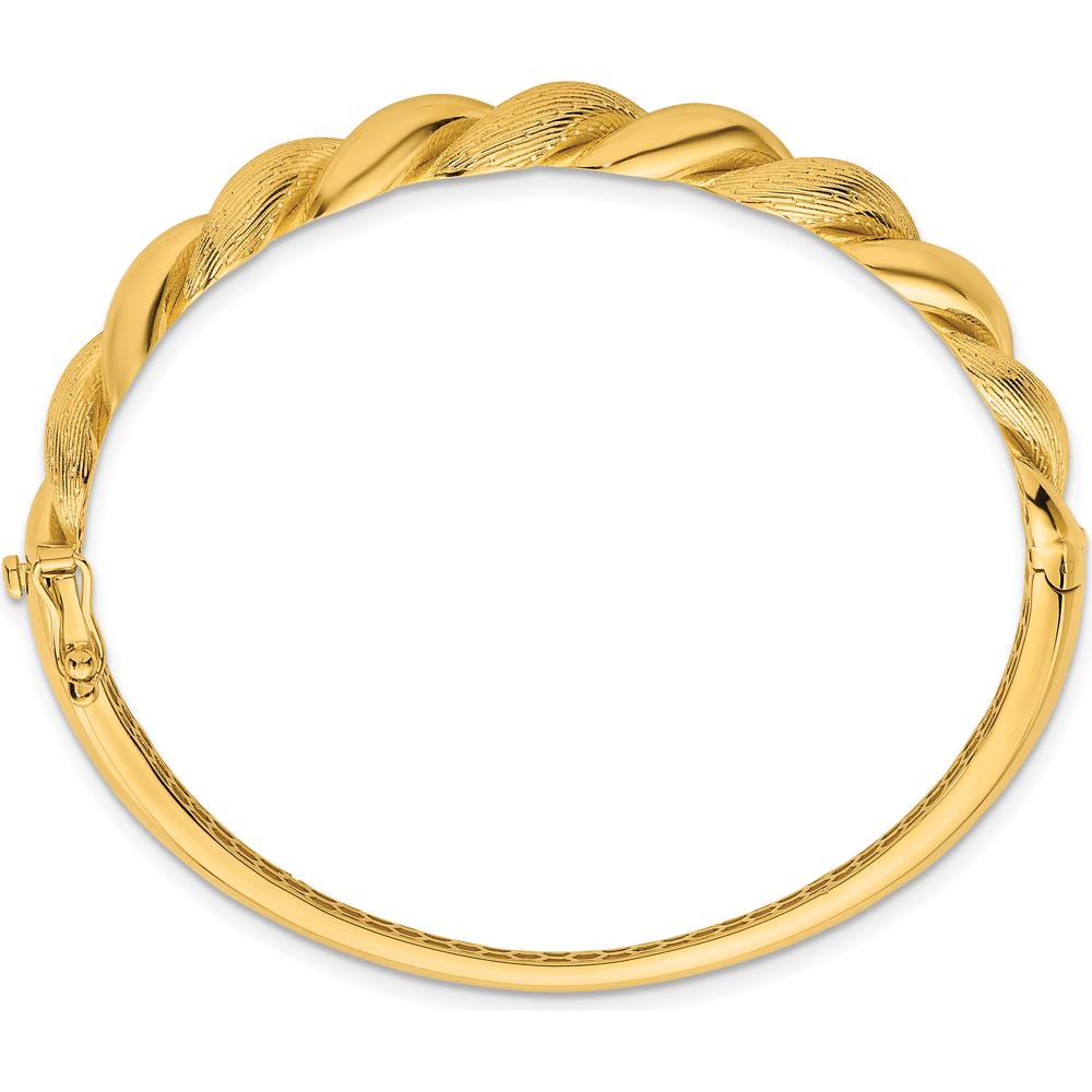 14K Yellow Gold Polished Twisted Textured 7.75mm Hinged Oval Bangle Bracelet by Oro Pregiato