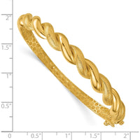 14K Yellow Gold Polished Twisted Textured 7.75mm Hinged Oval Bangle Bracelet by Oro Pregiato