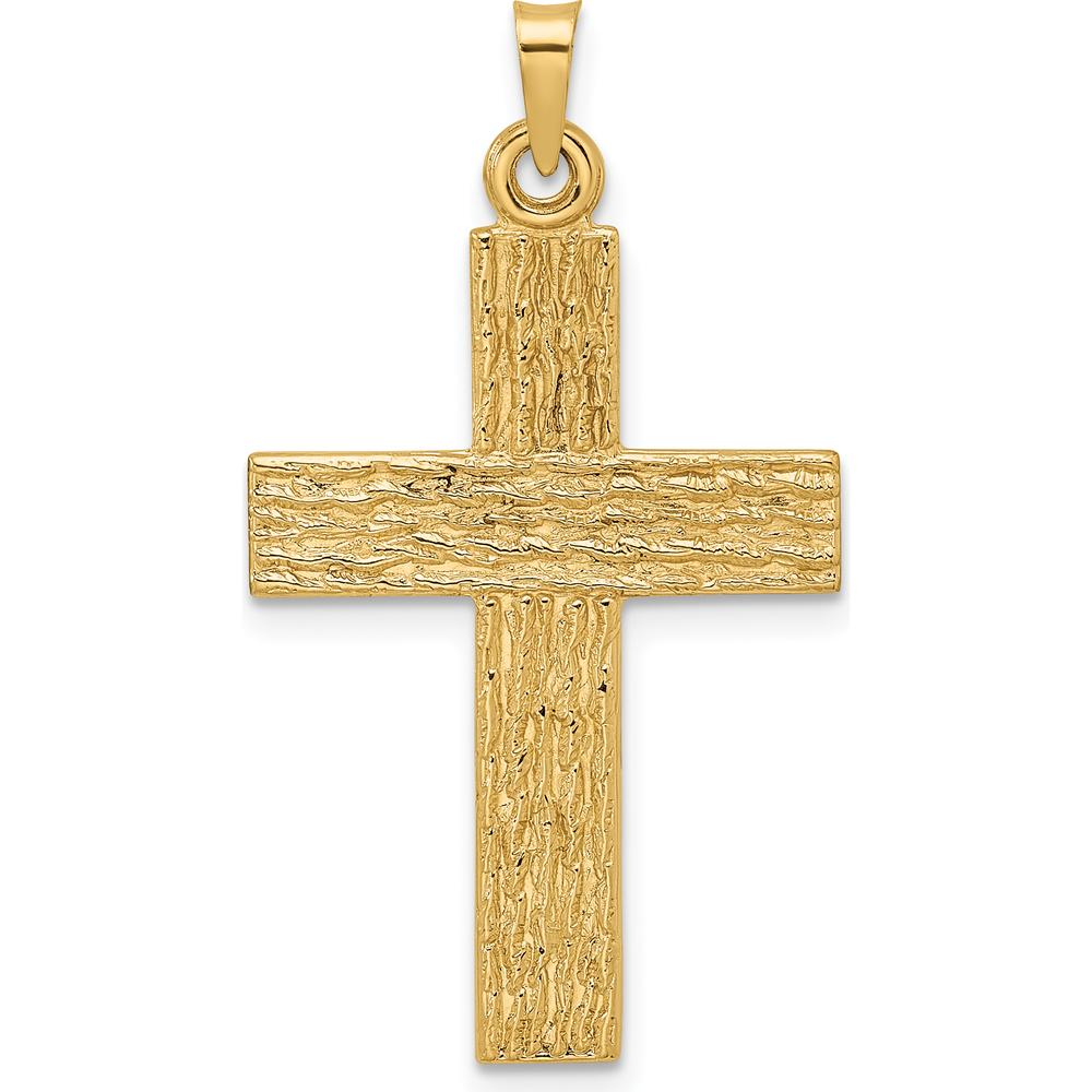 14K Yellow Gold Polished Wood Texture Solid Cross Pendant - 35.2mm by Oro Pregiato