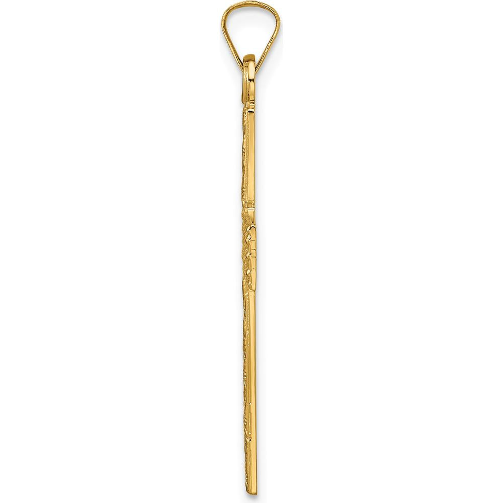 14K Yellow Gold Polished Wood Texture Solid Cross Pendant - 35.2mm by Oro Pregiato