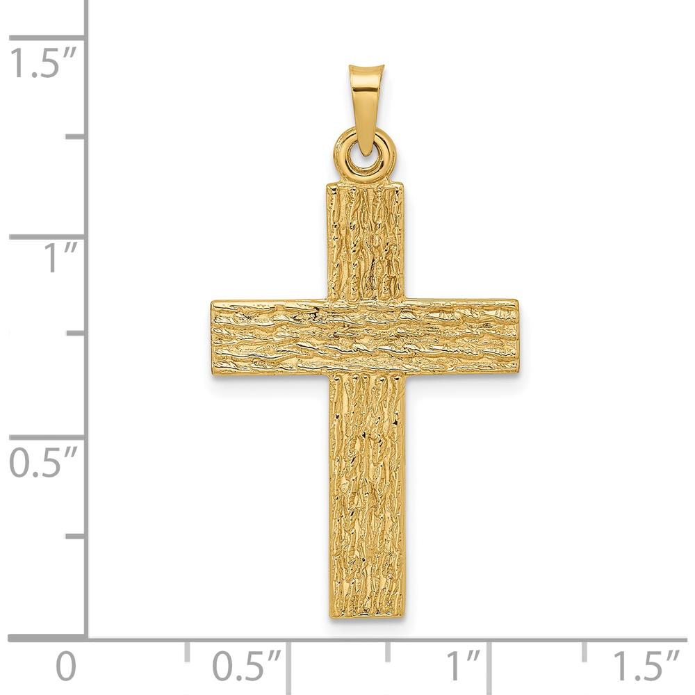 14K Yellow Gold Polished Wood Texture Solid Cross Pendant - 35.2mm by Oro Pregiato