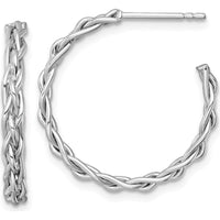14K Yellow Gold Polished Woven Braid C-Hoop Earrings with Rhodium Plating - 23.5mm Length by 0