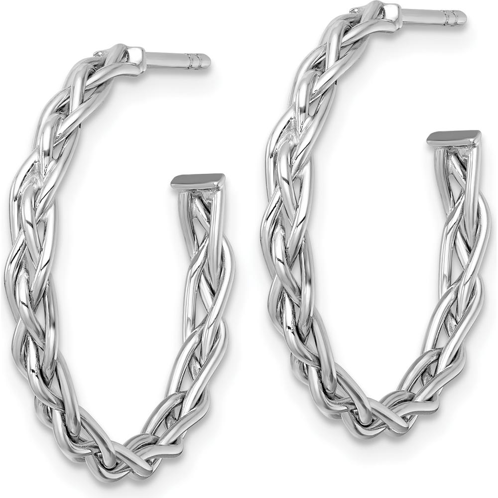 14K Yellow Gold Polished Woven Braid C-Hoop Earrings with Rhodium Plating - 23.5mm Length by 0