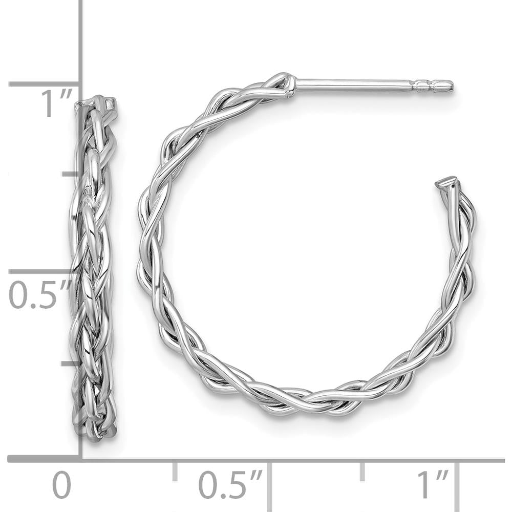 14K Yellow Gold Polished Woven Braid C-Hoop Earrings with Rhodium Plating - 23.5mm Length by 0
