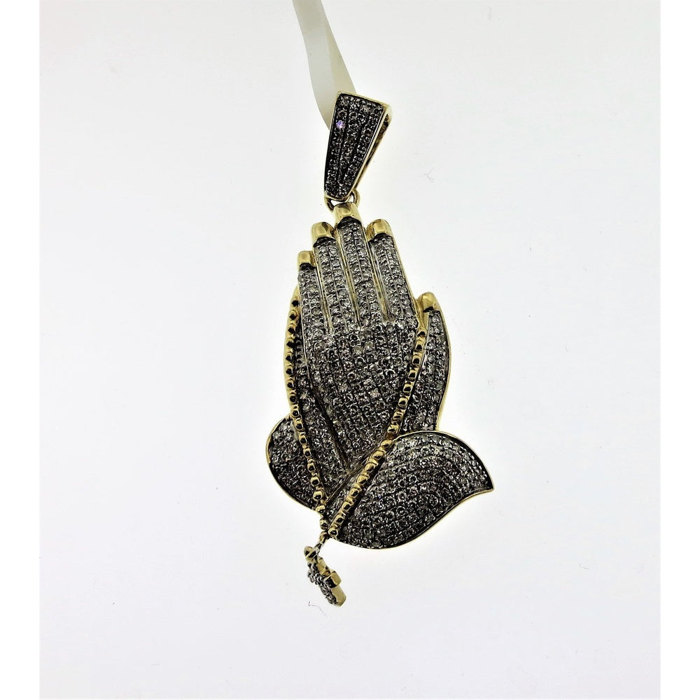 14K Yellow Gold Prayer Hands Pendant with Pavé Set Round Diamonds - 0.86 Carat Total Diamond Weight by Auriventus