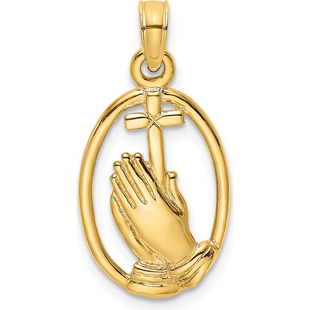 14K Yellow Gold Praying Hands and Cross In Oval Charm - Polished Finish by Oro Pregiato