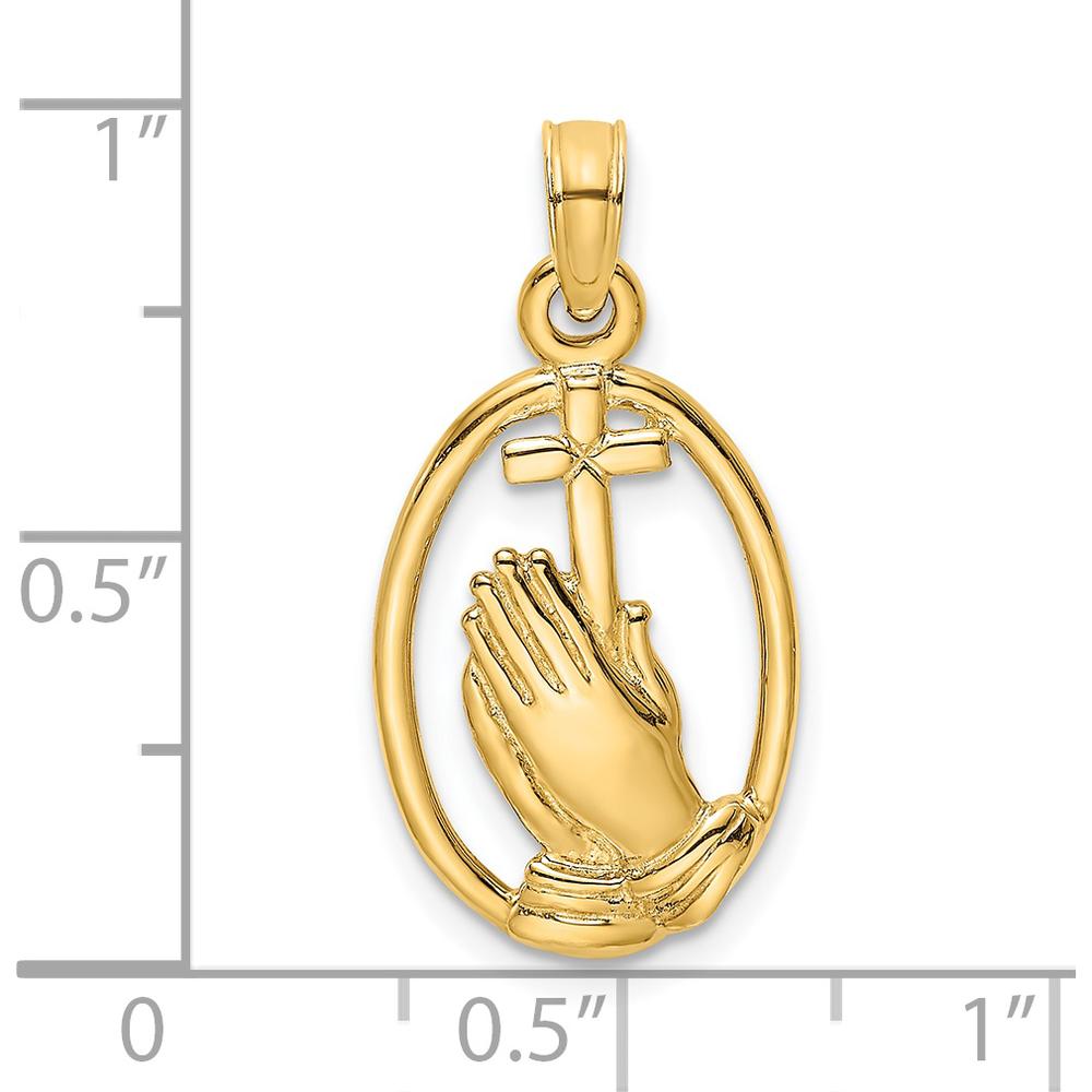 14K Yellow Gold Praying Hands and Cross In Oval Charm - Polished Finish by Oro Pregiato