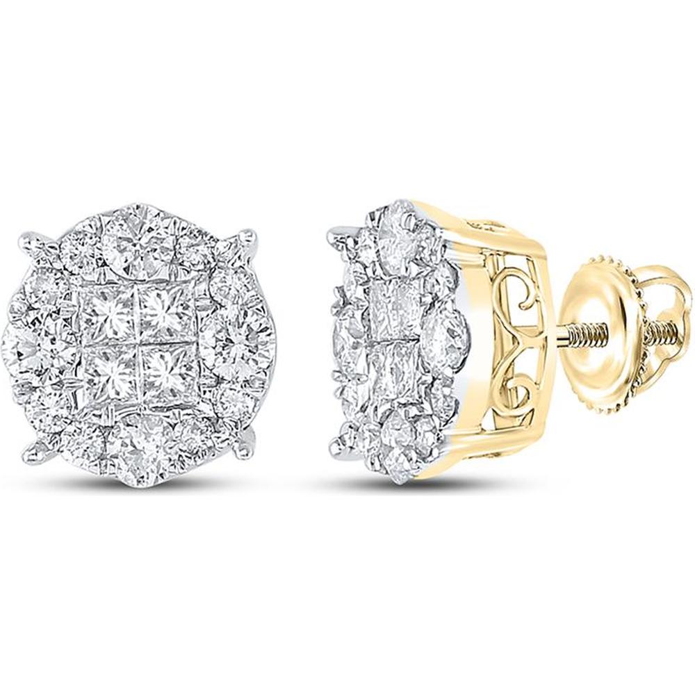 14K Yellow Gold Princess and Round Diamond Cluster Earrings - 2.00 Carat Total Diamond Weight