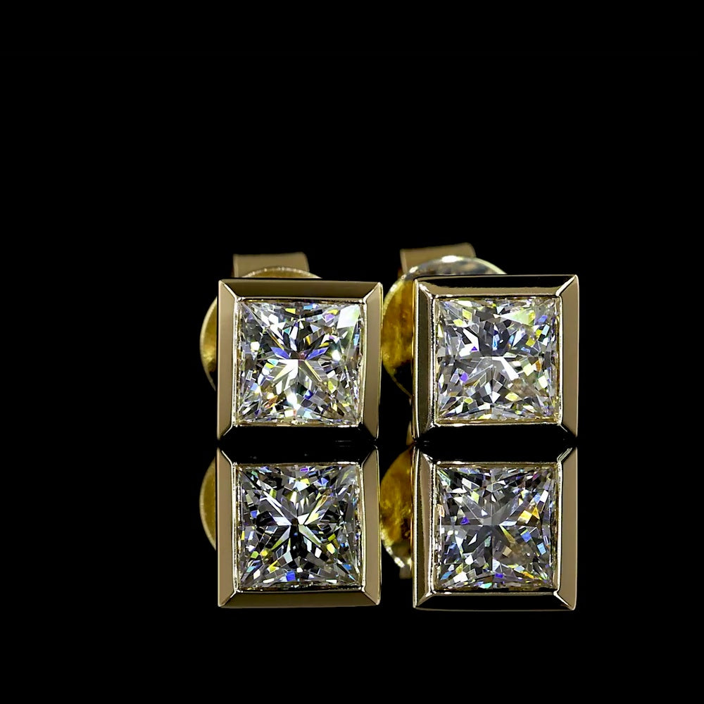 14K Yellow Gold Princess Cut Bezel Set Lab Diamond Stud Earrings - 1.04 Carats Total Diamond Weight, D VVS2 IGI Certified - Covaloro Fine Jewelry