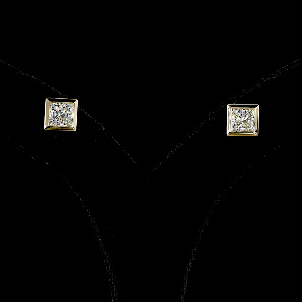 14K Yellow Gold Princess Cut Bezel Set Lab Diamond Stud Earrings - 2.56 Total Carat Weight, E-F Color VVS2 Clarity, IGI Certified - Covaloro Fine Jewelry