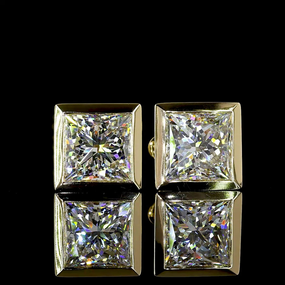 14K Yellow Gold Princess Cut Bezel Set Lab Diamond Stud Earrings - 4.64 Carat Total Weight (E-F VVS2 IGI Certified) - Covaloro Fine Jewelry