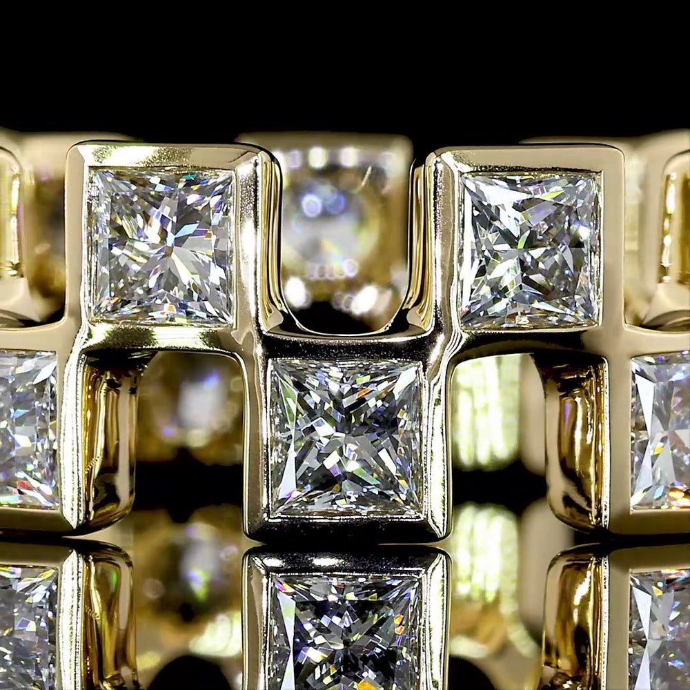 14K Yellow Gold Princess Cut Diamond Eternity Band with Bezel Setting - 3.62 Carat Total Weight, Lab-Grown E-F VS1 Diamonds, 18 Stones - Covaloro Fine Jewelry