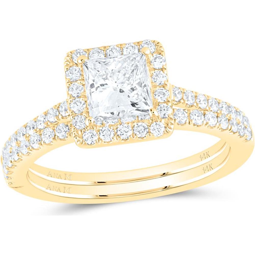 14K Yellow Gold Princess Cut Diamond Halo Bridal Wedding Ring Set - 1.5 Carat Total Diamond Weight