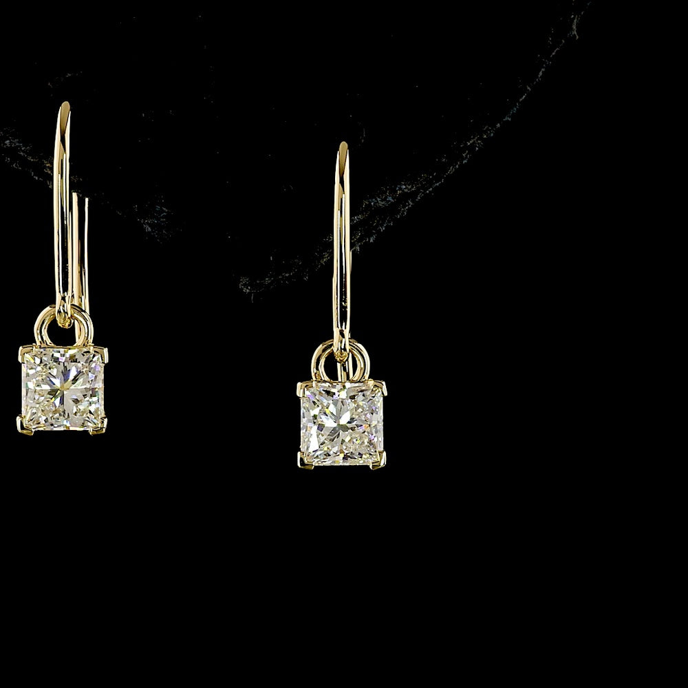14K Yellow Gold Princess Cut Lab Diamond Hanging Earrings - 1.03 Carat Total Weight, E-F Color VS1 Clarity - Covaloro Fine Jewelry