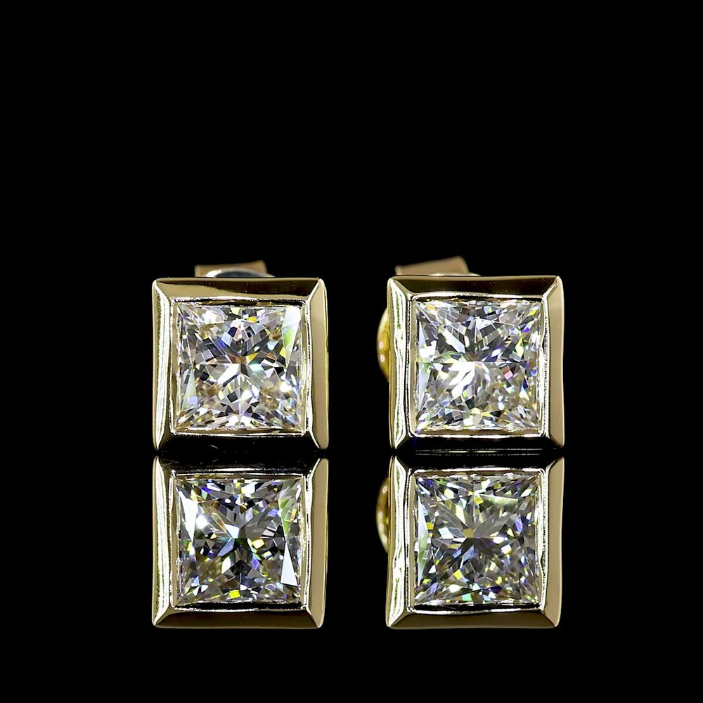 14K Yellow Gold Princess Cut Lab Diamond Stud Earrings with Bezel Setting - 1.41 Carats Total Diamond Weight - Covaloro Fine Jewelry