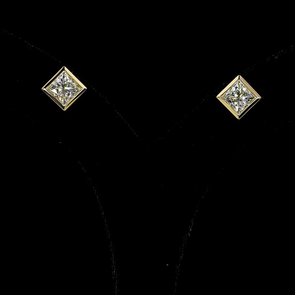 14K Yellow Gold Princess Cut Lab Diamond Stud Earrings with Bezel Setting - Total 3.07 Carats, E-F VVS2 - Covaloro Fine Jewelry