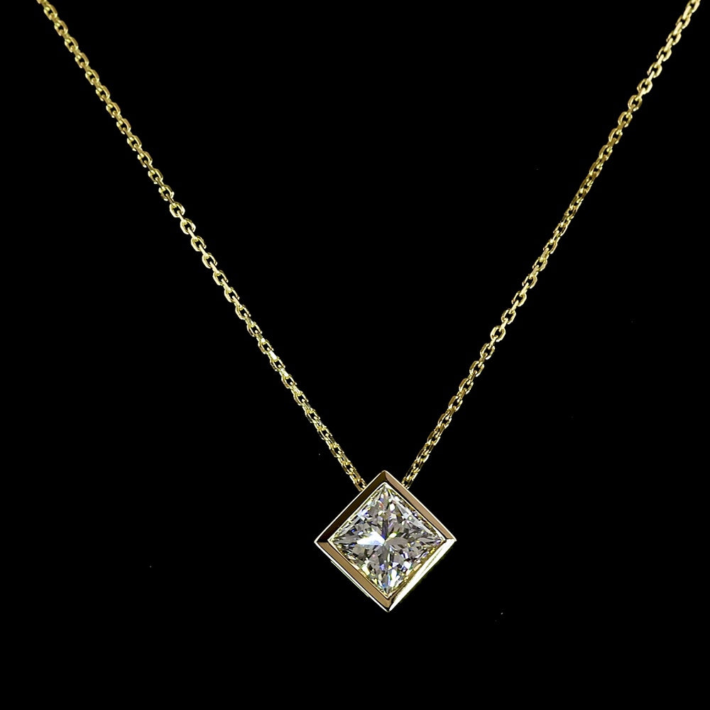 14K Yellow Gold Princess Cut Solitaire Pendant with Bezel Set Lab Diamond - 1.52 Carat Total Weight - Covaloro Fine Jewelry