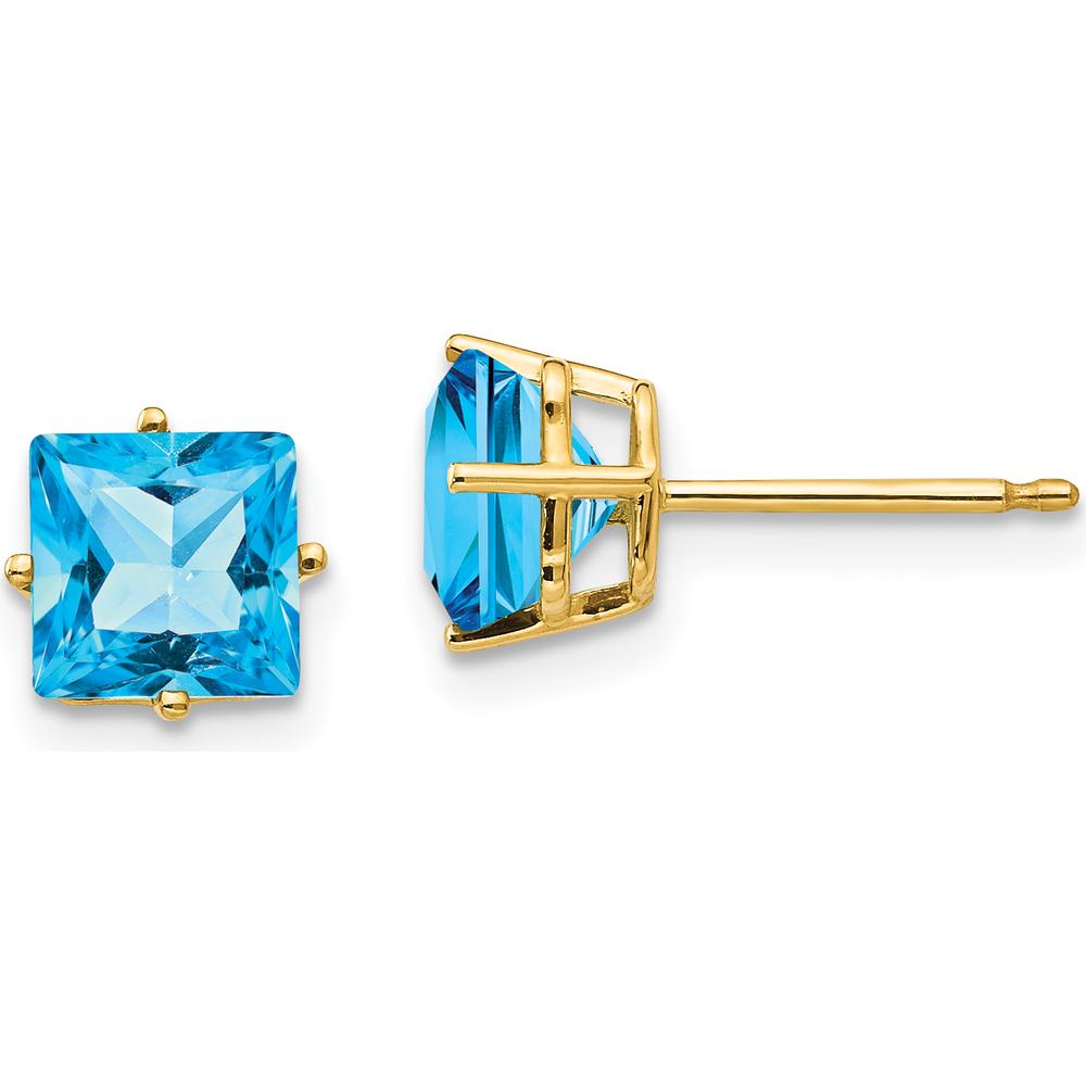 14K Yellow Gold Princess Cut Swiss Blue Topaz Stud Earrings - 1.30 Carat Total Blue Topaz Weight by Monteluci Fine Jewelry