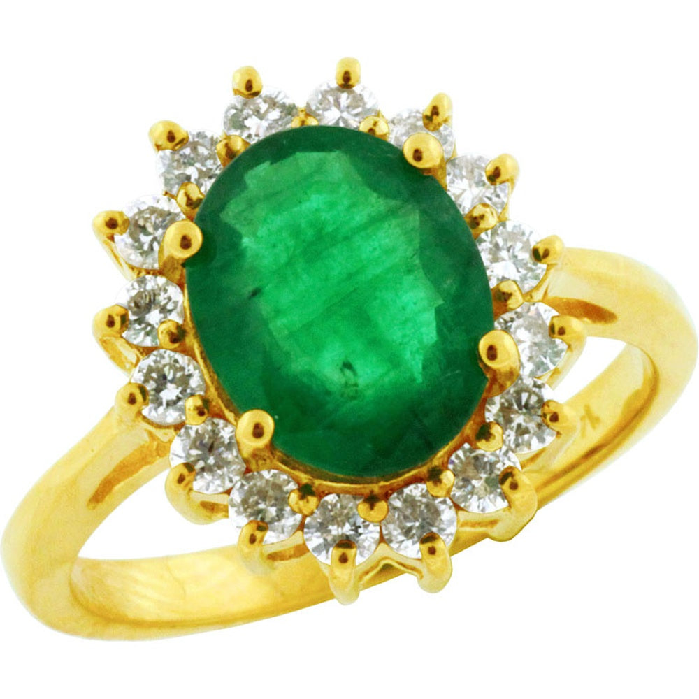 14K Yellow Gold Princess Di Inspired Halo Ring with Oval Cut Emerald and Round Diamonds - 2.40 Carat Emerald and 0.65 Carat Total Diamond Weight - Royal Jewelry