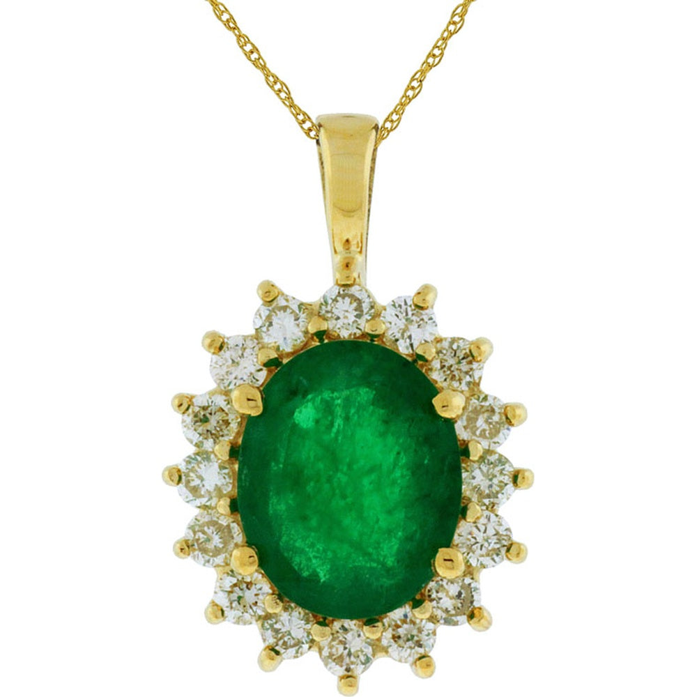 14K Yellow Gold Princess Di Inspired Pendant with Oval Emerald and Round Diamond Halo - 2.40 Carat Emerald and 0.65 Carat Diamond Total Weight - Royal Jewelry