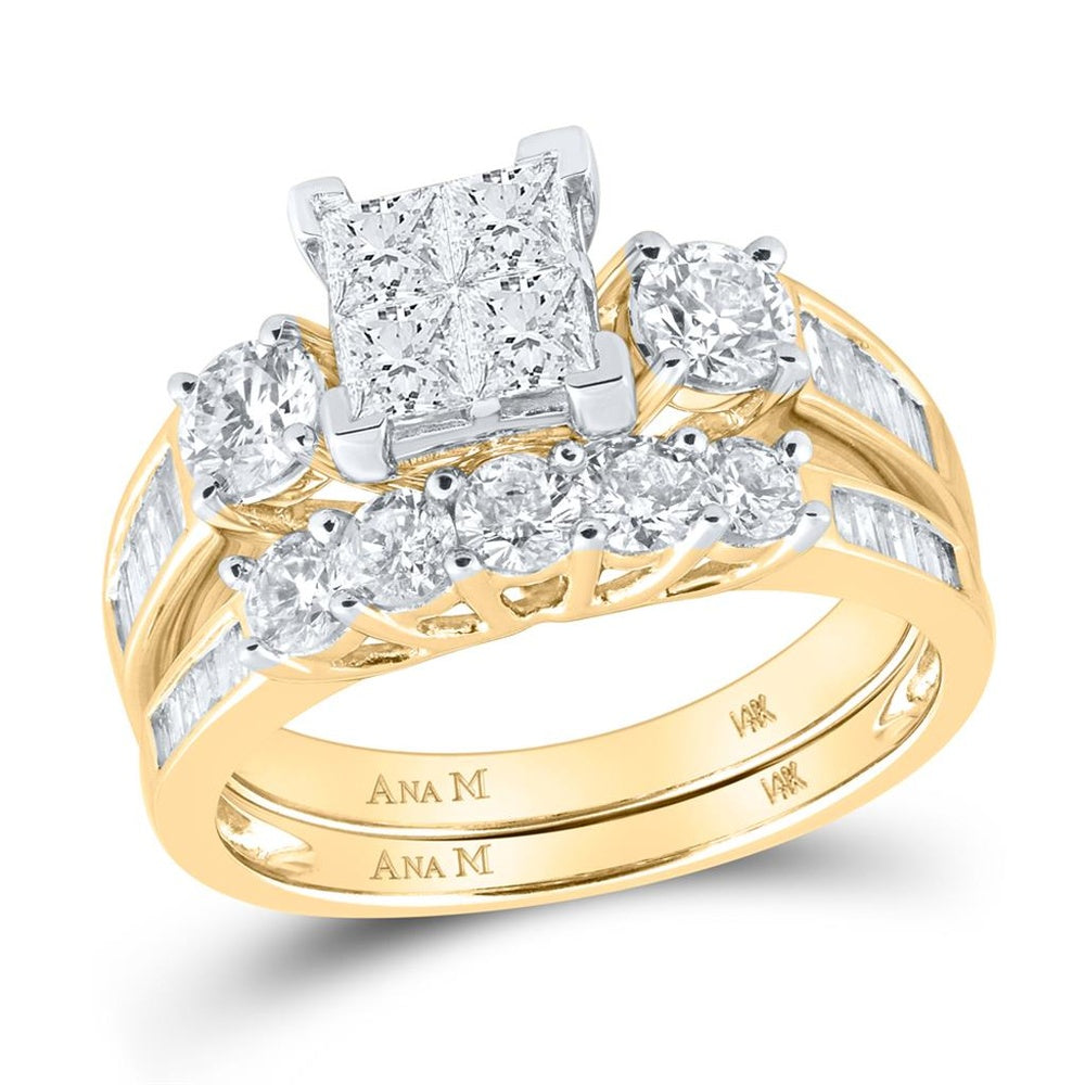 14K Yellow Gold Princess Diamond Bridal Wedding Ring Set - 2 Carat Total Diamond Weight