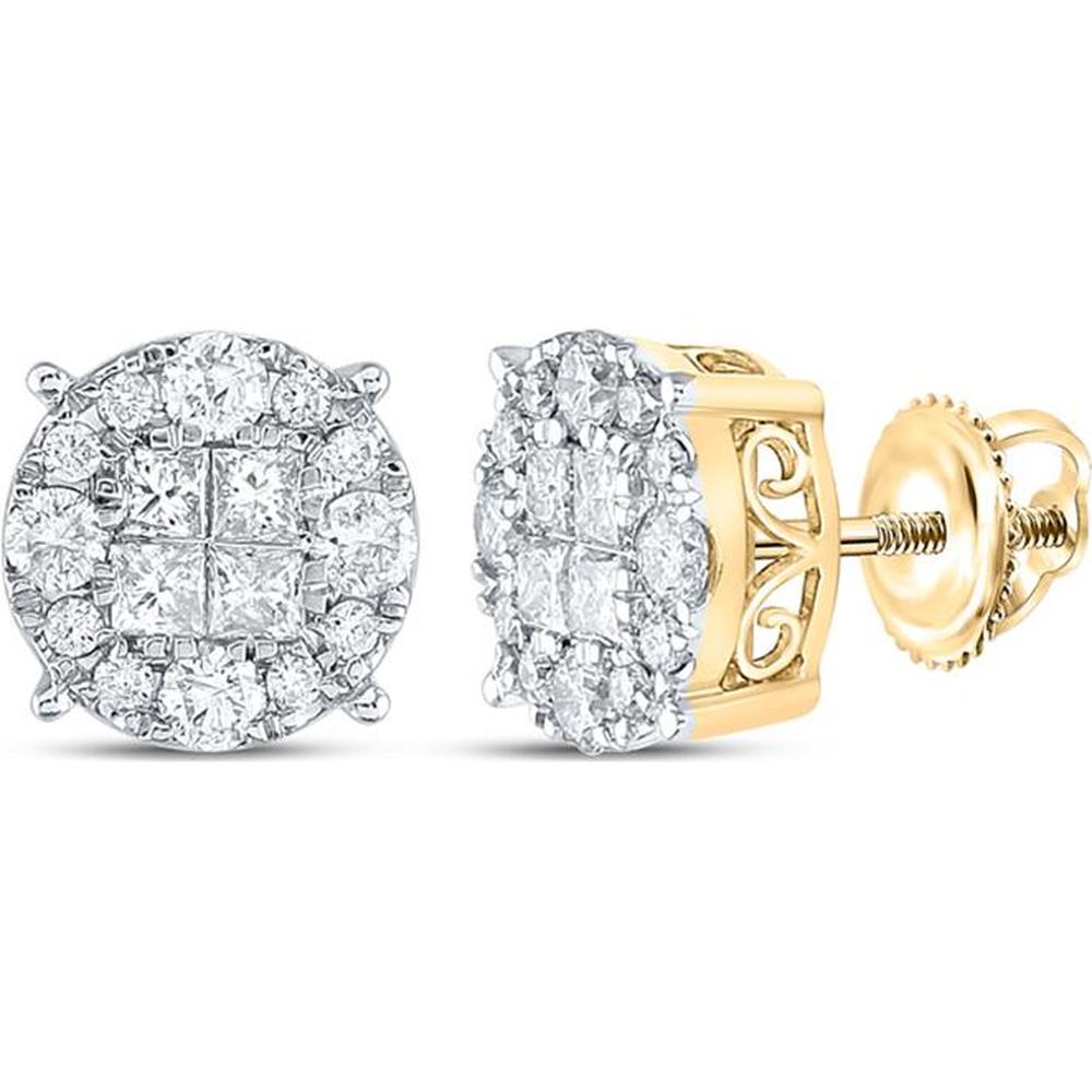 14K Yellow Gold Princess Diamond Cluster Earrings - 1.5 Carat Total Diamond Weight