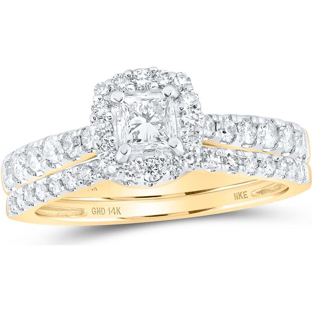 14K Yellow Gold Princess Diamond Halo Bridal Wedding Ring Set - 1.01 Carat Total Diamond Weight